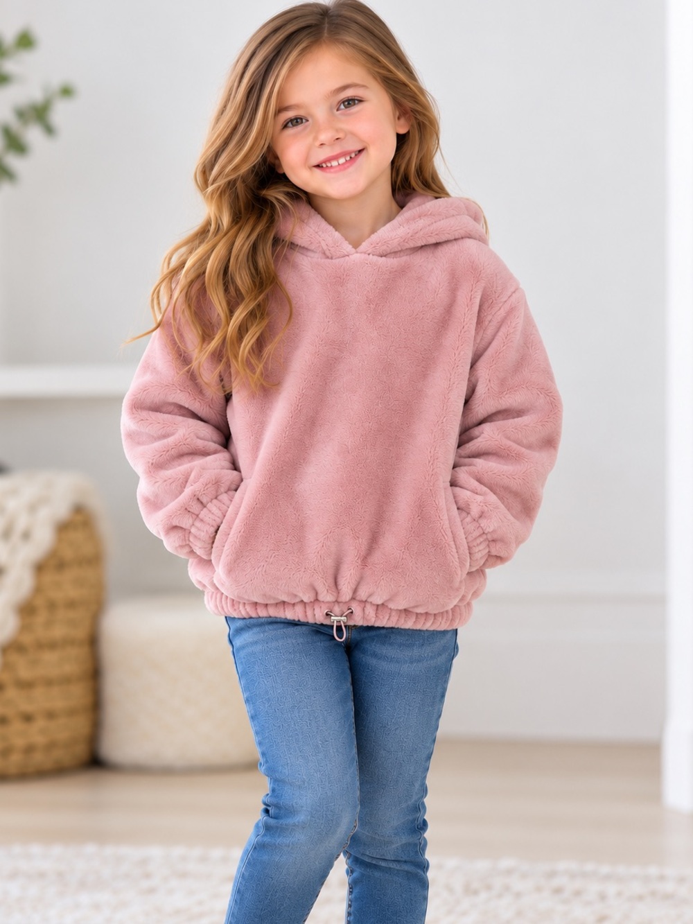 Urban Kids Plush Fleece Hoodie – Girls XS (6 Years) – Dusty Pink